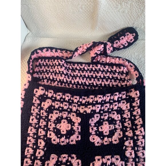Handmade Pink & Navy Hand Crocheted Fabric Lined Handbag - Picture 3 of 14